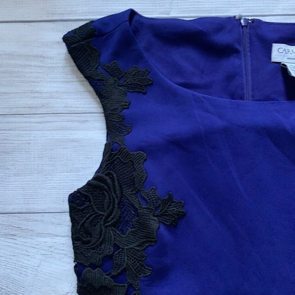 Carmen Marc Valvo Blue Cocktail Party Dress Black Lace Accents Size 4 - Picture 7 of 8